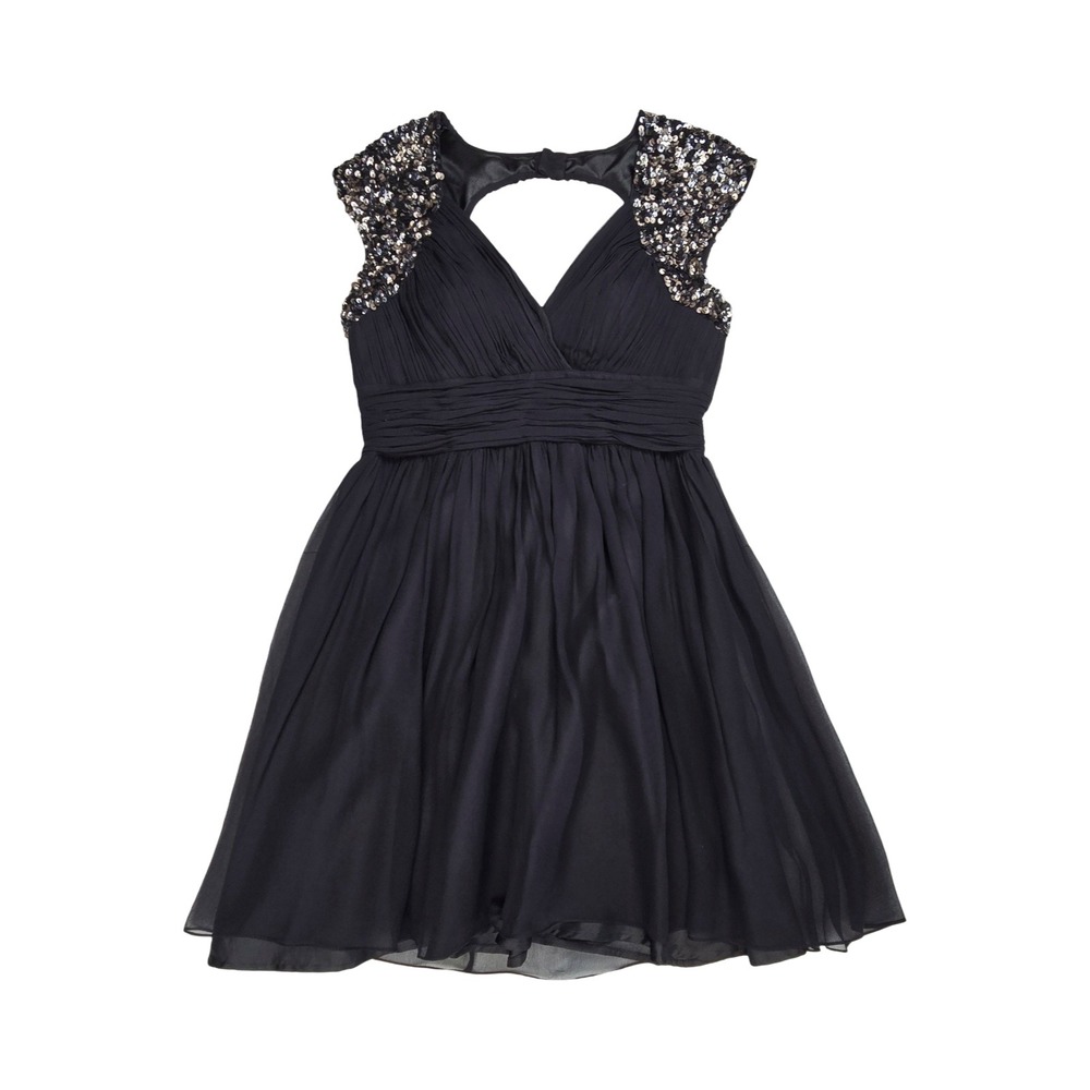 Scala Black Silk Sequin Cap Sleeve Cocktail Mini Dress Open Back Hoco Prom 12